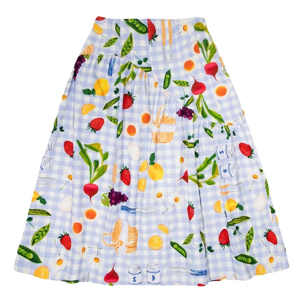 Lisa Says Gah Picnic Alfresco Basket Checker Fruit Midi Skirt NWT Large - Picture 2 of 10
